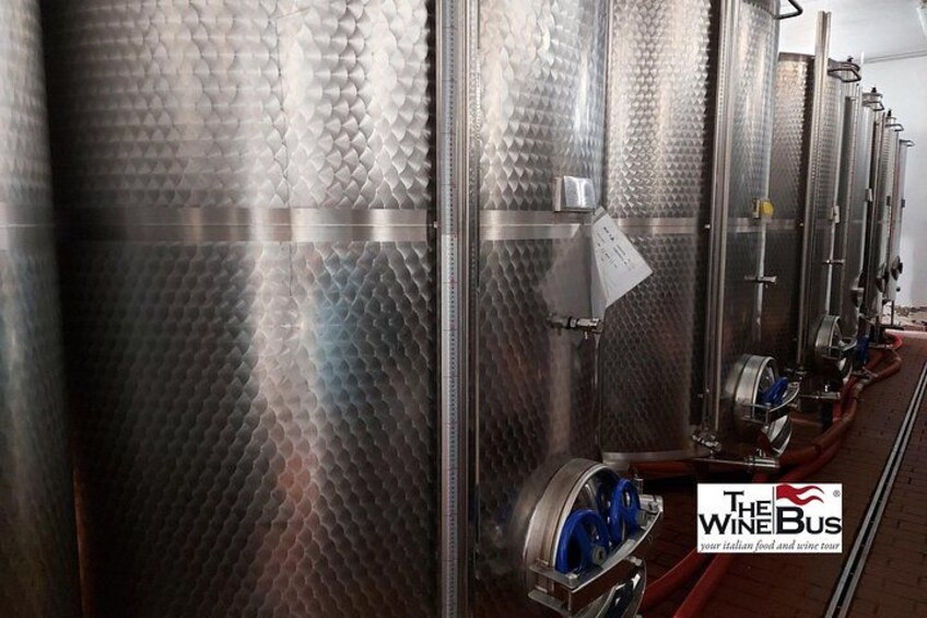 Stainless steel fermentation tanks with valves and hoses, arranged in a row. 5