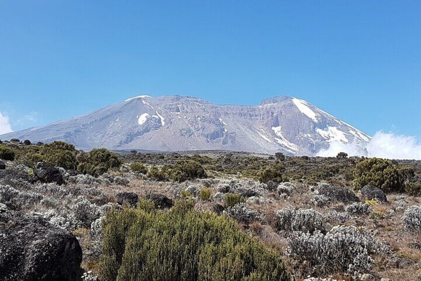 A mountain with snow patches, rocky terrain, and sparse vegetation. 2