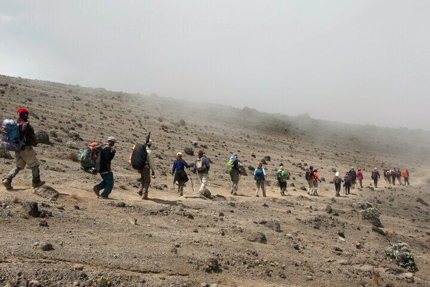 A group of hikers walking on a rocky, barren landscape. 4