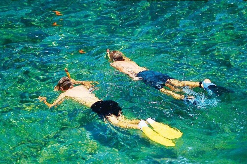 Three people swimming in clear blue water. 4