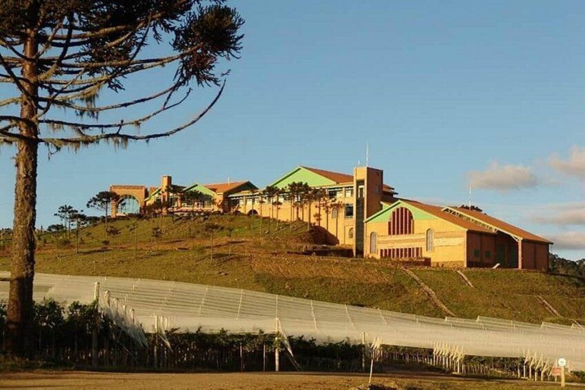 A building complex on a hill with a clear sky. 2