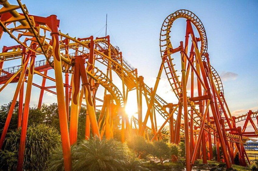 A roller coaster with red tracks and a sunlit sky. 3