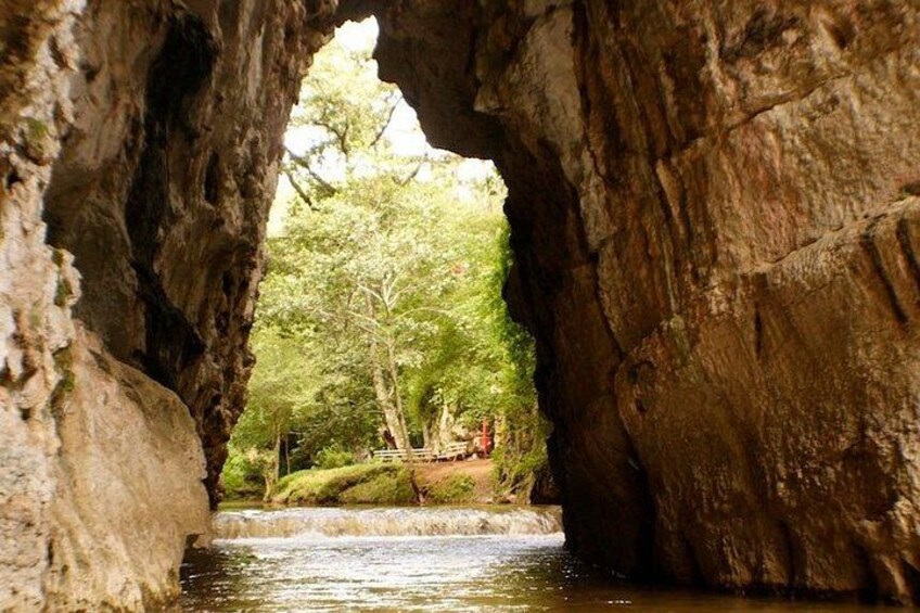 Boca de cueva con vista a un río y árboles. 3