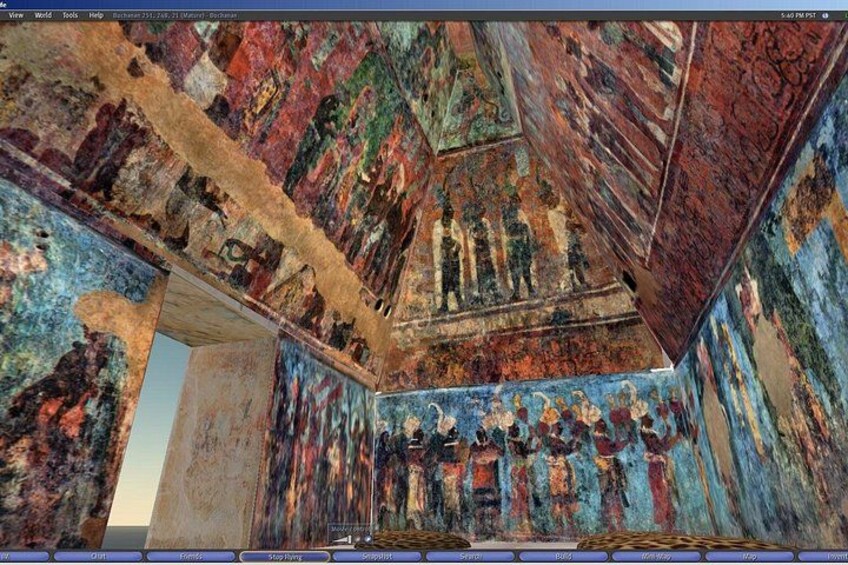 A room with a mural depicting figures in historical attire, a stone wall, and a partially visible door. 2