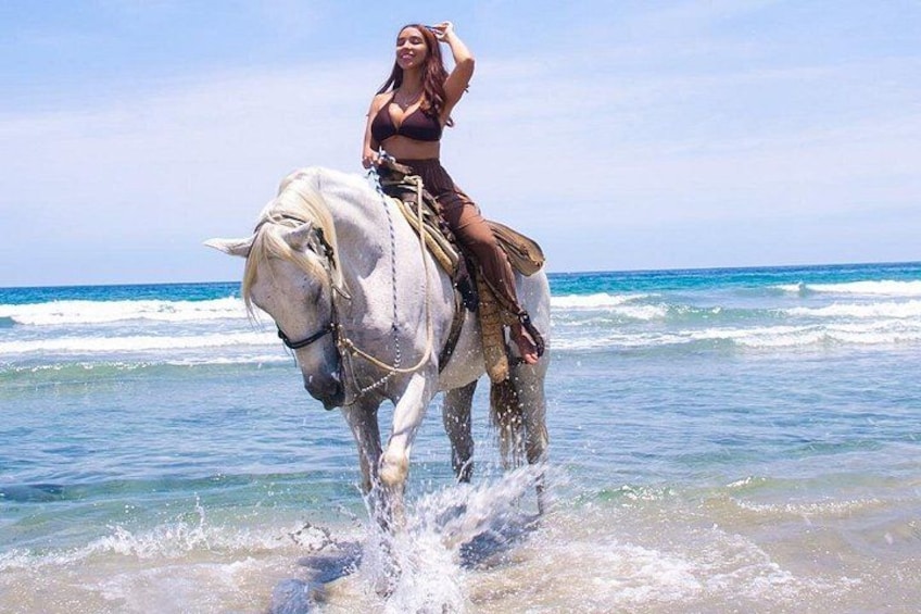 Una persona cavalca un cavallo bianco su una spiaggia con onde oceaniche. 5