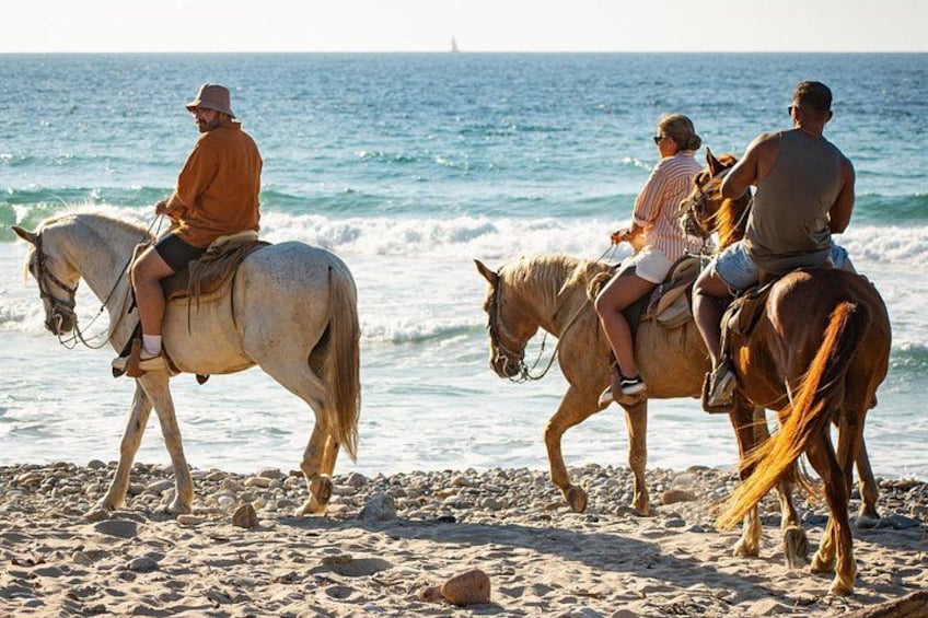 Una spiaggia con persone che cavalcano cavalli lungo la riva. 3