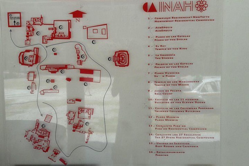 Un mapa con iconos rojos y texto que enumera varios lugares y edificios. 3