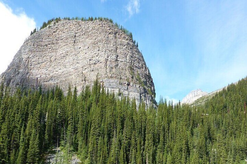 Una gran montaña rocosa con una base boscosa. 4