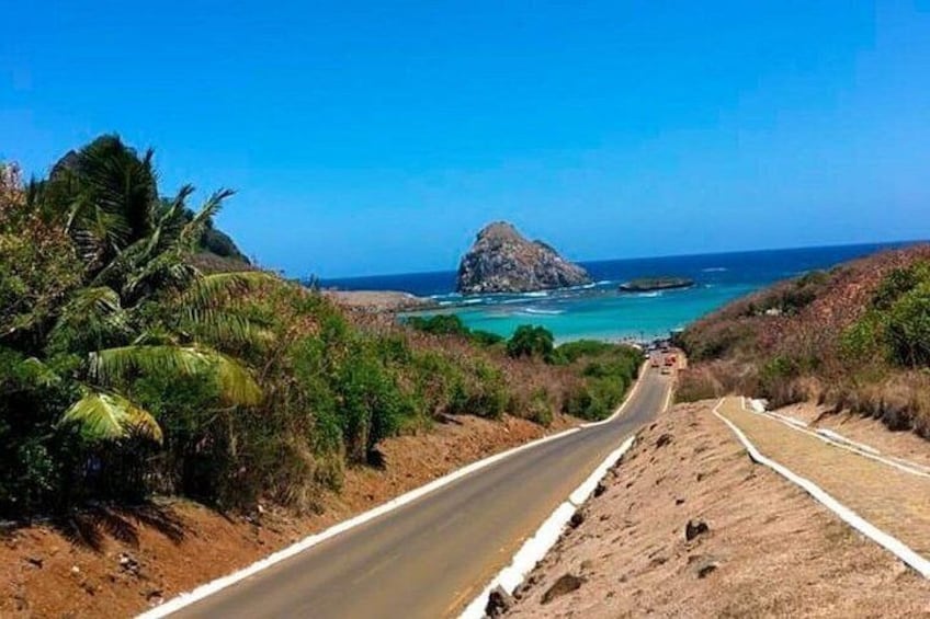 A coastal road with a rocky outcrop in the distance, surrounded by vegetation. 3
