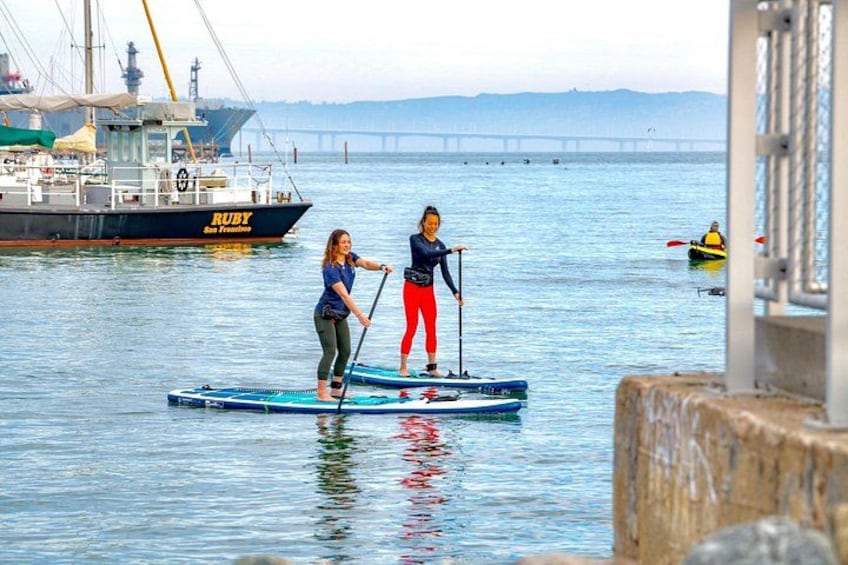 Dos personas haciendo paddleboard sobre aguas tranquilas, con un barco grande y un puente al fondo. 4