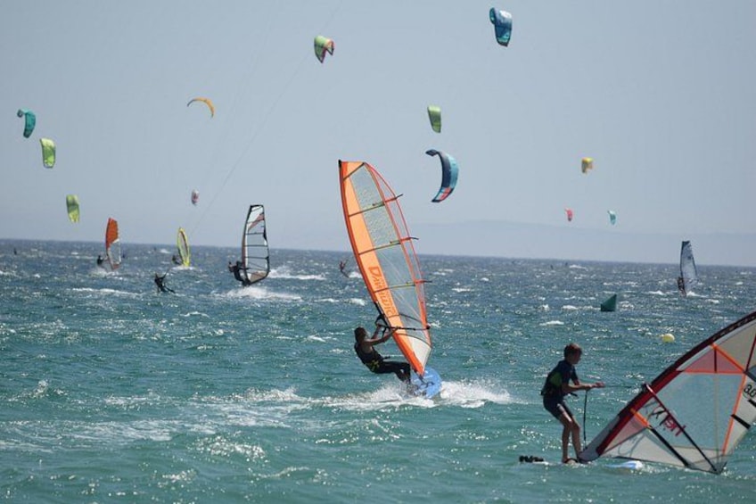 Eine Gruppe von Menschen windsurft auf dem Wasser, im Hintergrund sind mehrere Drachen zu sehen. 5