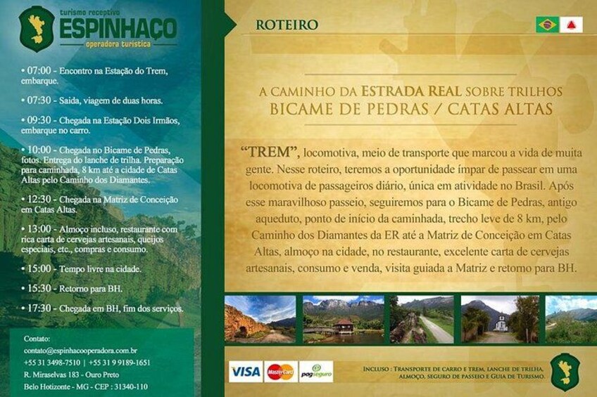 Ein Reiseplan für eine Zugreise durch Brasilien, einschließlich Stopps an verschiedenen Orten und Aktivitäten. 4