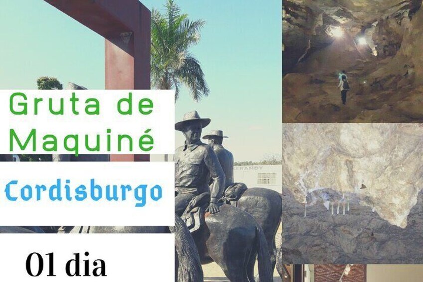 A statue of a man on an elephant, a cave with a person inside, and a cave with stalactites. 1