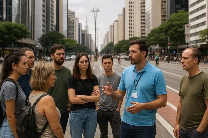 Eine Gruppe von Personen steht auf einer Stadtstraße, im Hintergrund hohe Gebäude. 1