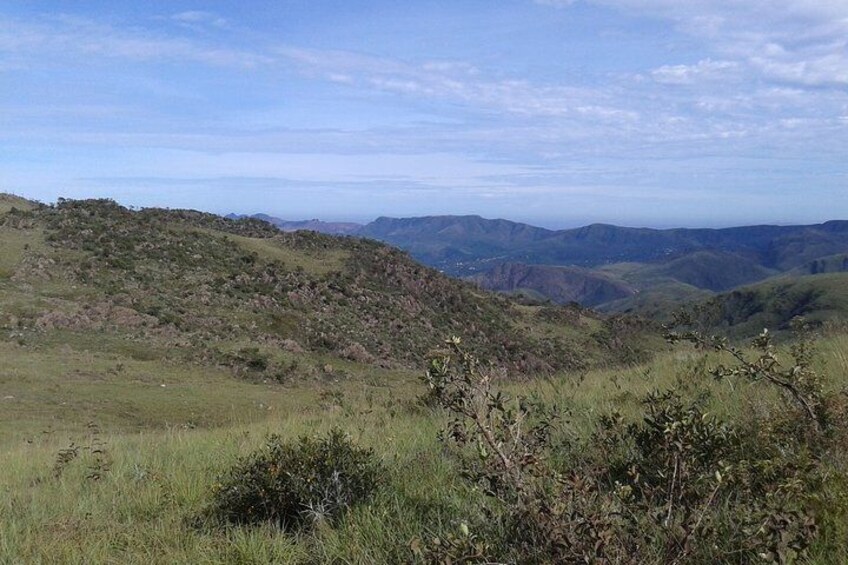 A grassy hillside with scattered bushes and distant mountains under a clear sky. 3