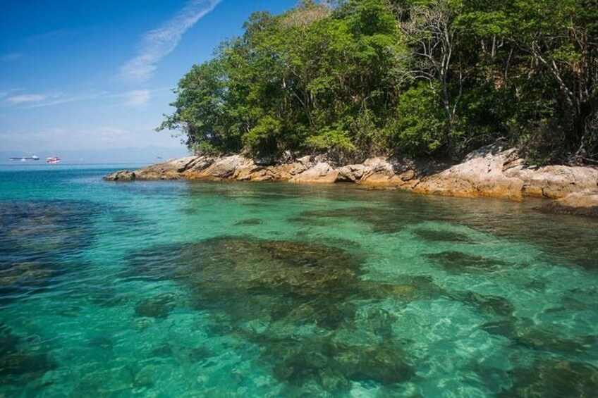 A clear turquoise sea, rocky shoreline, and dense green foliage. 5