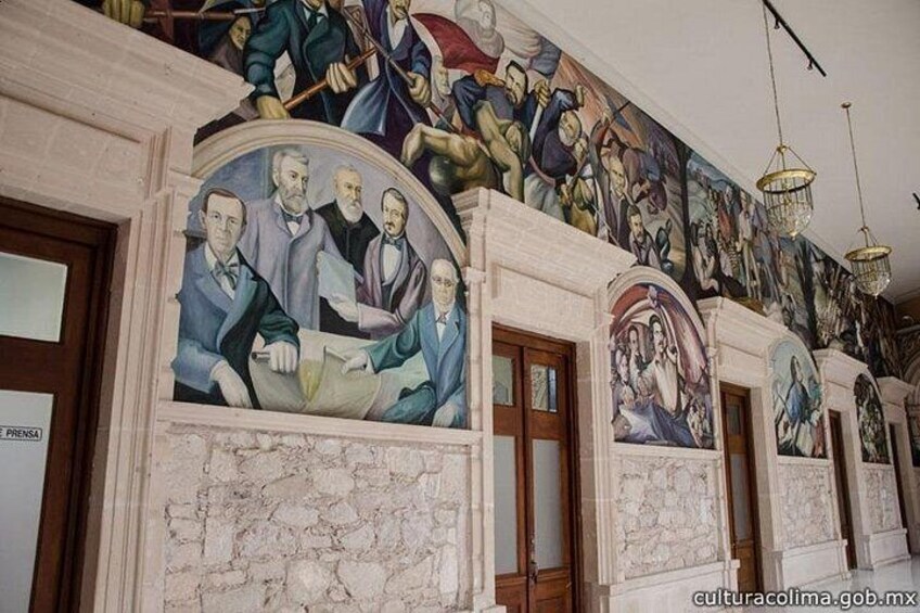 A mural with historical figures and a classical architectural interior. 5