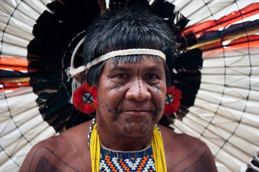 A person wearing a traditional headdress with feathers and beadwork. 1