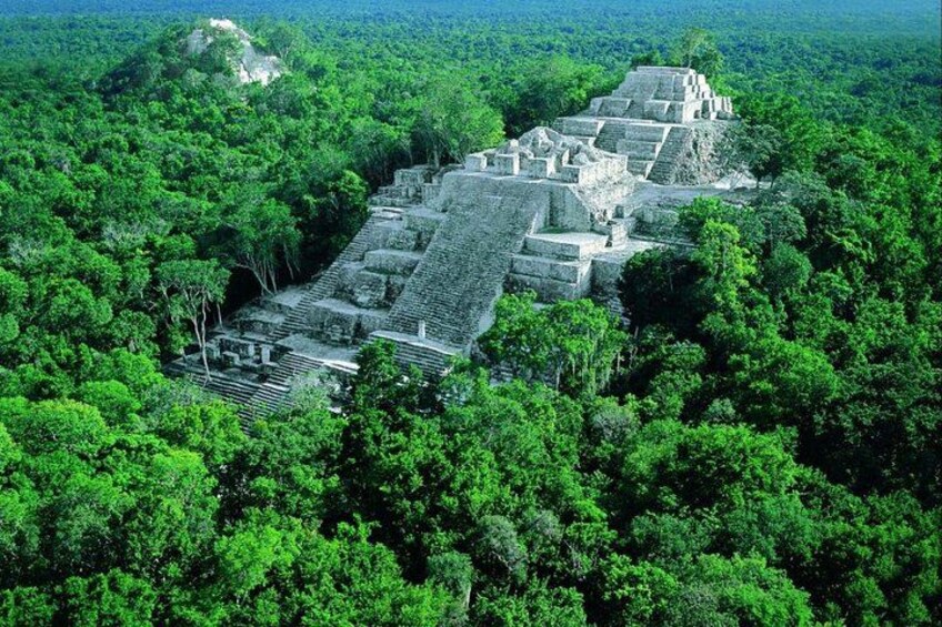 A Mayan pyramid surrounded by dense forest. 4