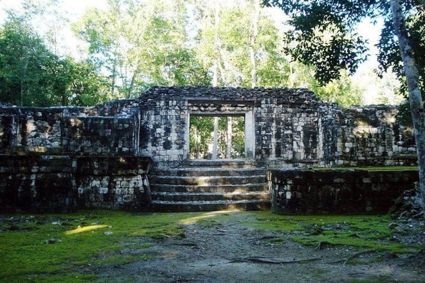 An ancient stone structure with a central doorway, surrounded by steps and vegetation. 5