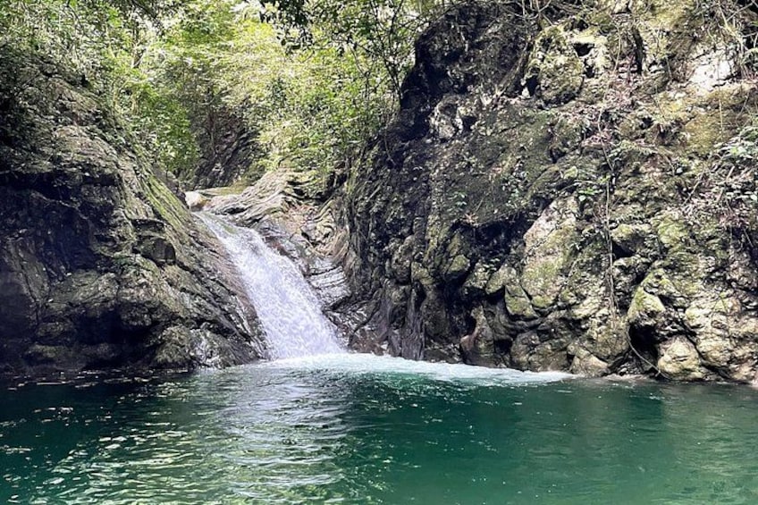 Una cascada se precipita en una poza cristalina rodeada de acantilados rocosos y abundante vegetación. 5