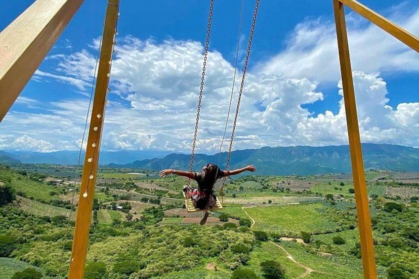 A person on a swing with a scenic landscape in the background. 1
