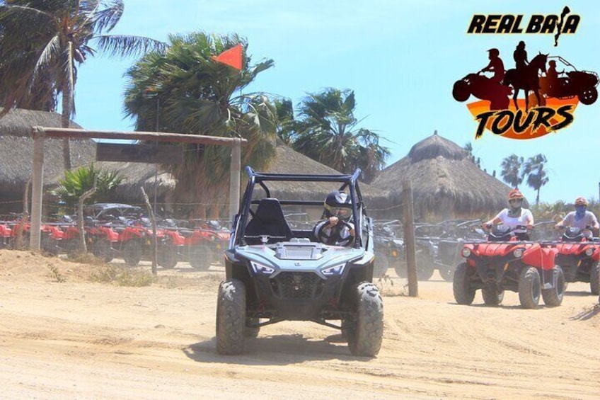 Off-road vehicles on a sandy path with palm trees and a thatched-roof structure in the background. 3
