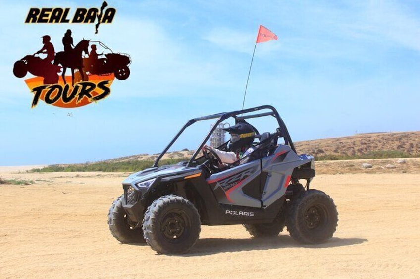 A Polaris ATV on a sandy terrain with a flag. 4