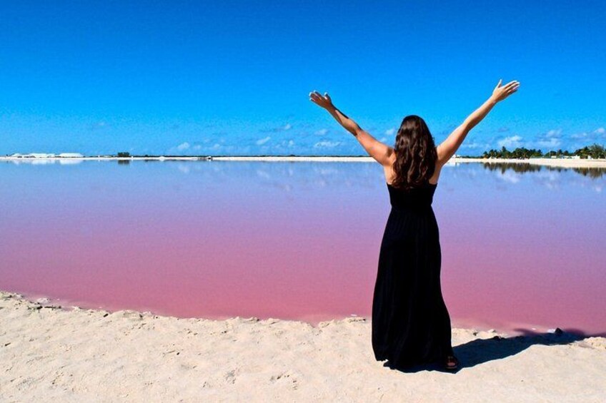 Eine Person steht an einem Strand, die Arme erhoben, und blickt auf ein Wasser in einem rosa Farbton. 2
