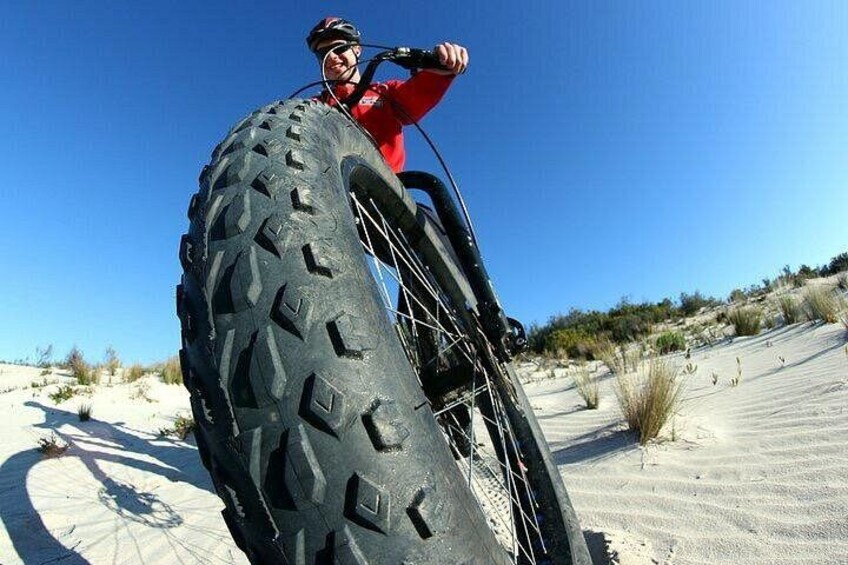 A person on a bicycle with a large, rugged tire, in a desert landscape with sparse vegetation. 5