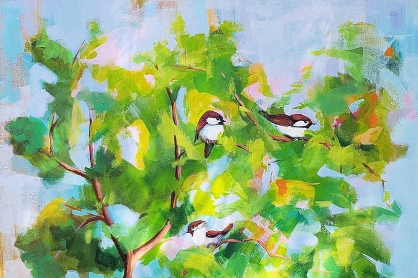 A painting of birds perched on branches with green foliage against a blue sky. 1