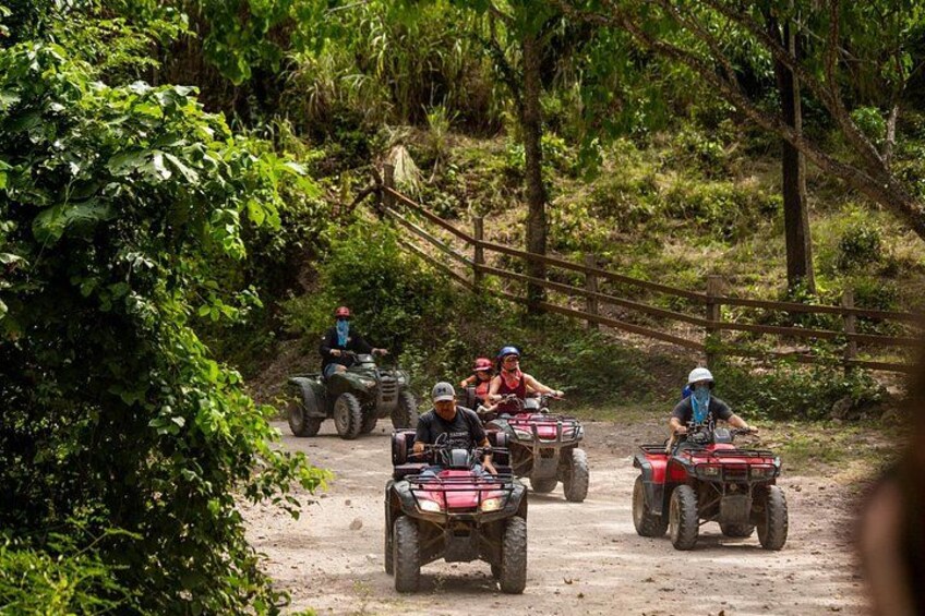 A group of people on quad bikes on a dirt path surrounded by dense greenery. 4