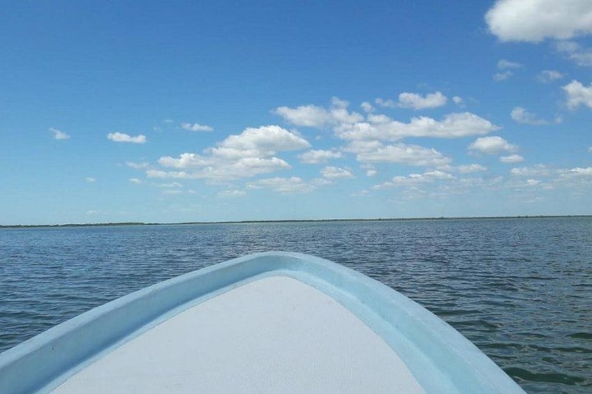 Un bote sobre aguas tranquilas, cielo despejado y horizonte lejano. 3