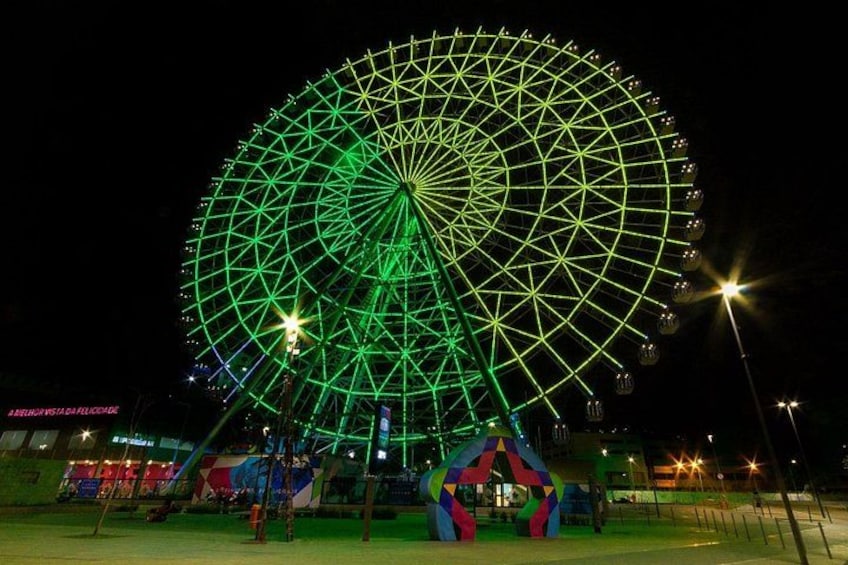 A large Ferris wheel illuminated with green lights at night. 3