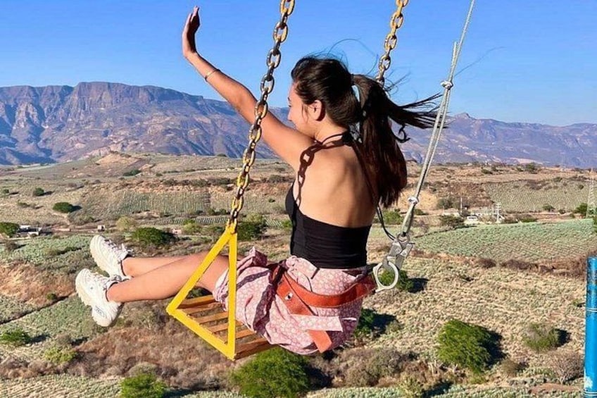Una persona en un columpio con un paisaje montañoso al fondo. 5