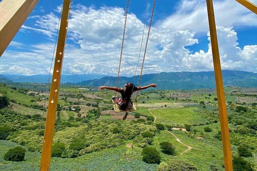 Una persona en un columpio con vistas panorámicas a campos verdes y montañas al fondo. 3