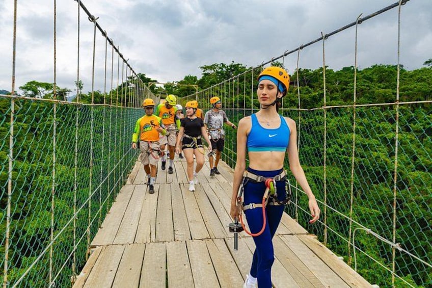 A group of people on a suspension bridge with safety harnesses, surrounded by greenery. 4