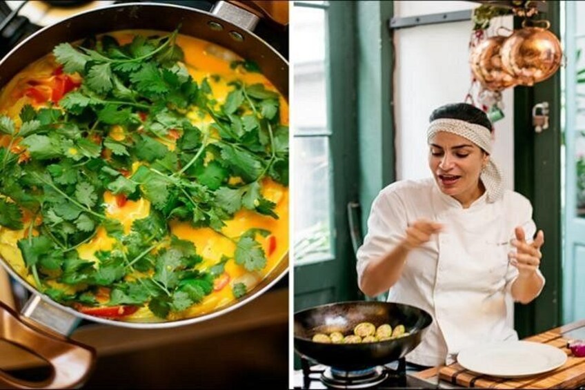 A cooking scene with a pot of food garnished with fresh herbs, a chef in a white uniform, and a kitchen counter with a pan. 1
