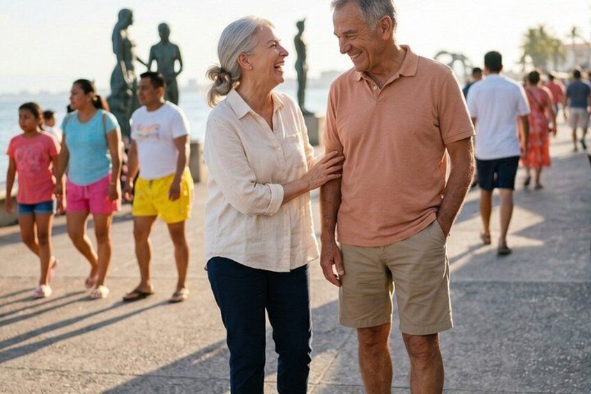 A couple walking on a promenade with people in the background. 2