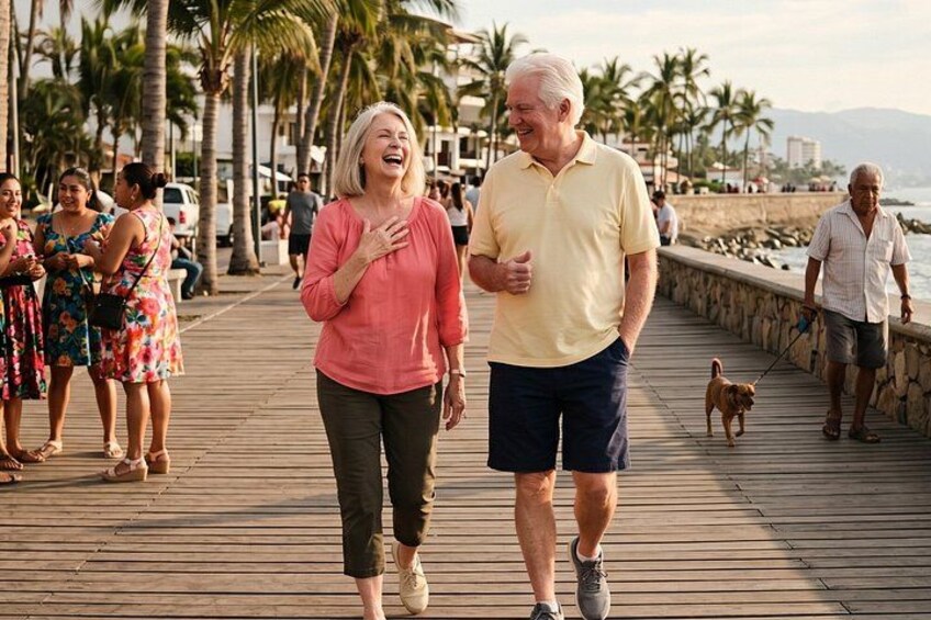 A wooden boardwalk with people walking, palm trees, and a beach in the background. 1