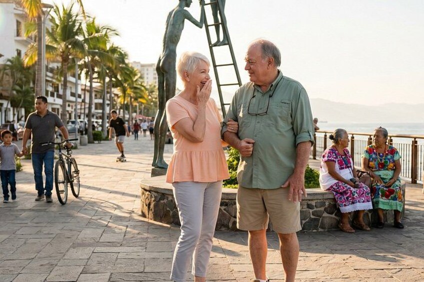 A couple walking on a paved promenade with palm trees and a sculpture in the background. 4