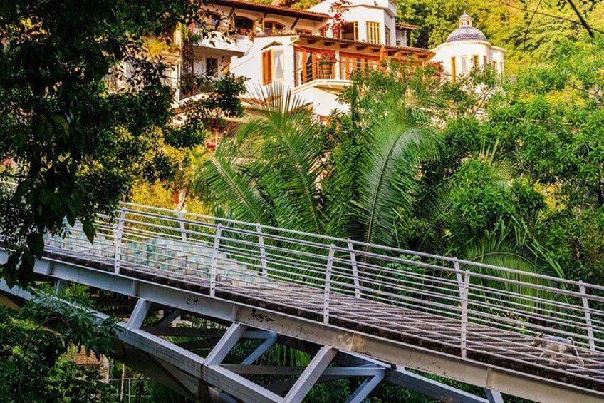 A wooden bridge with white railings, surrounded by lush greenery and a white building with a dome in the background. 5