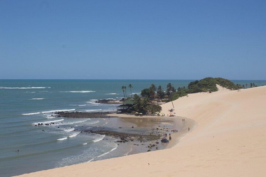 Una playa con dunas de arena, un litoral rocoso y una pequeña estructura con palmeras. 1