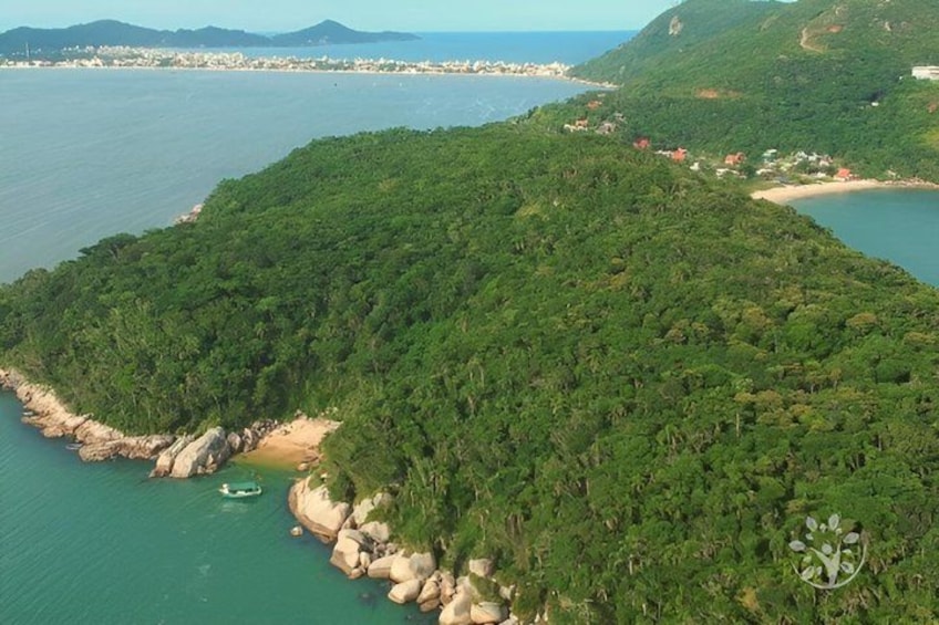 A coastal landscape with dense green vegetation, a sandy beach, and a small boat near the shore. 4