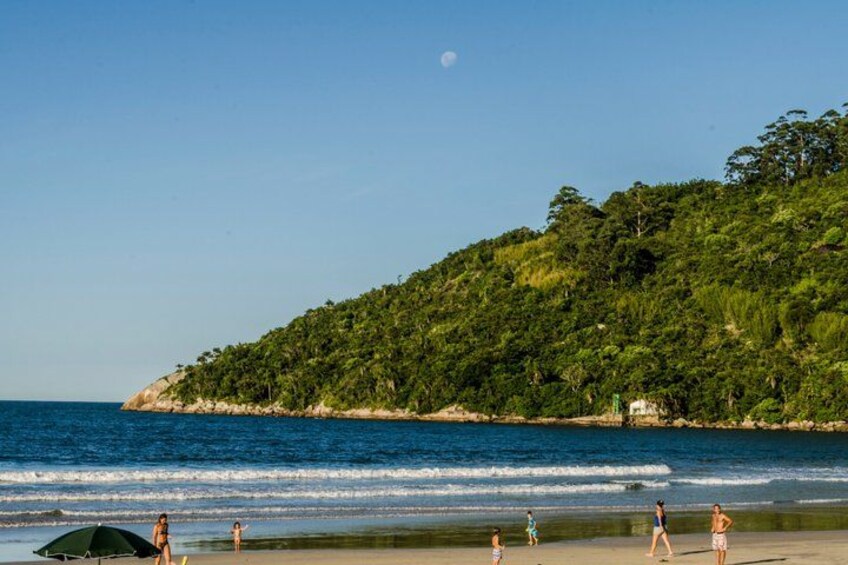 A beach with people walking, waves crashing, and a hill with trees in the background. 2