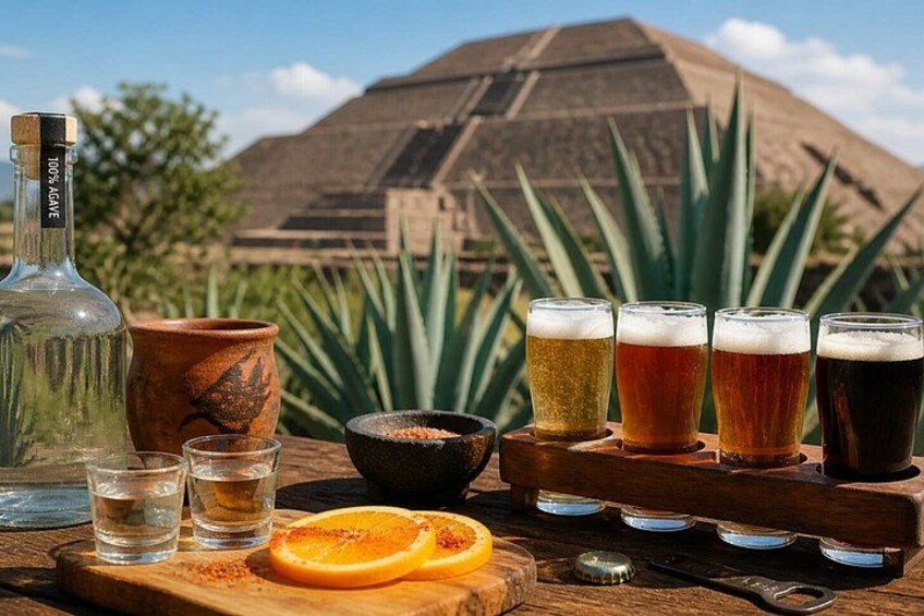 Een houten tafel met een fles, glazen en een schaal kruiden. 1