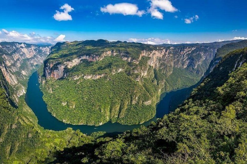 A deep canyon with a river winding through it, surrounded by dense green forest. 2