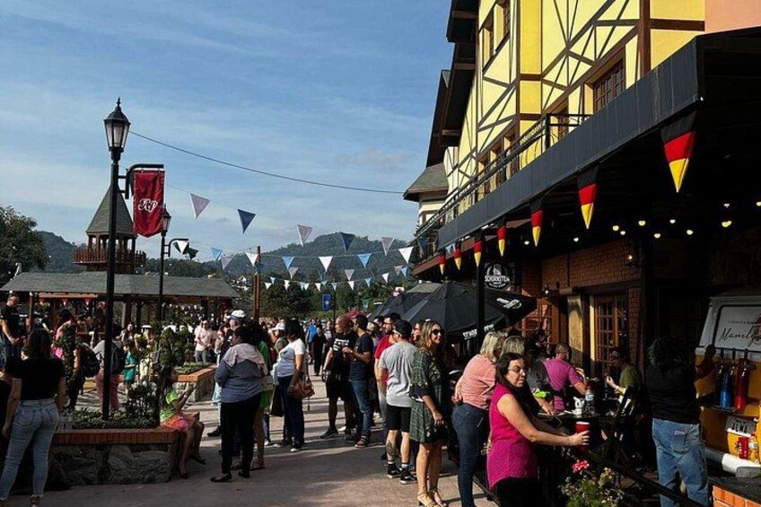 A busy outdoor market with people shopping and socializing. 5