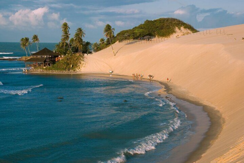 Une plage avec une eau d’un bleu limpide, un rivage sablonneux, des palmiers et un petit bâtiment situé près de l’eau. 5