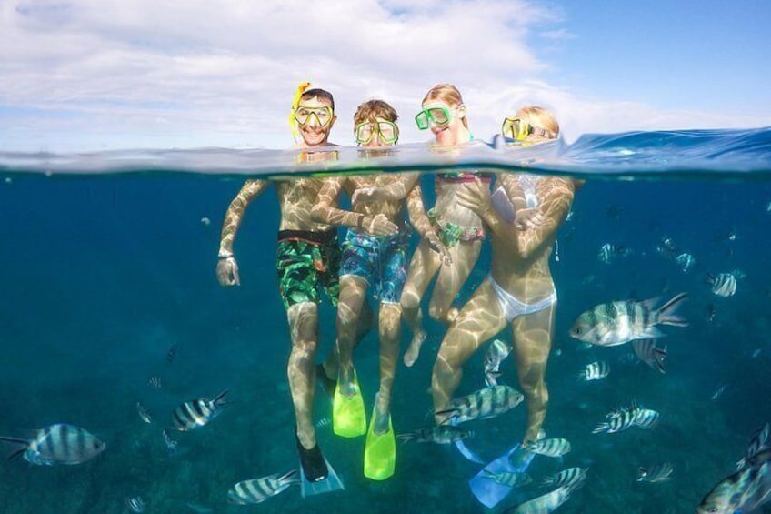 People snorkeling underwater with fish in the background. 3